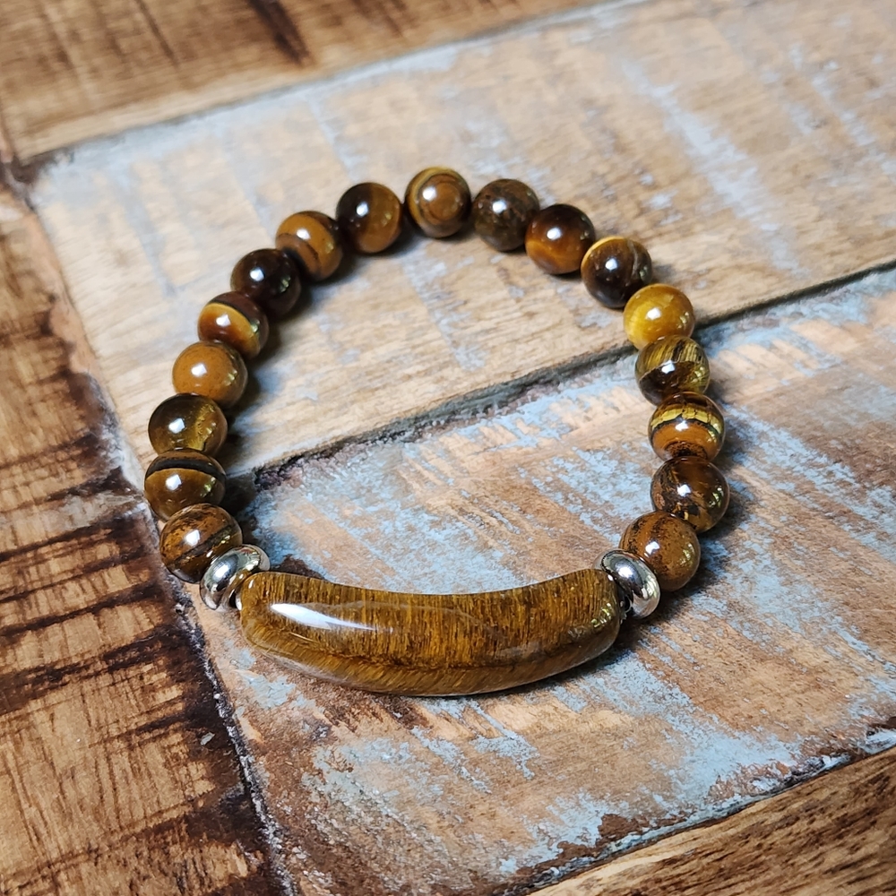 Healing Stone Bracelet, Natural Tigers Eye Beaded Gemstone Crystals Brown One Sz